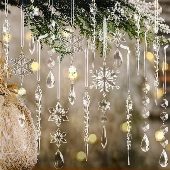 18pcs Christmas Tree Crystal Ornaments - Hanging Acrylic Snowflake Icicle Drop - Picture 2 of 6